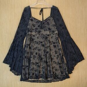 Womens Gothic Romantic Black Floral Mesh Bell Sleeve Mini Dress Large Tan Lining